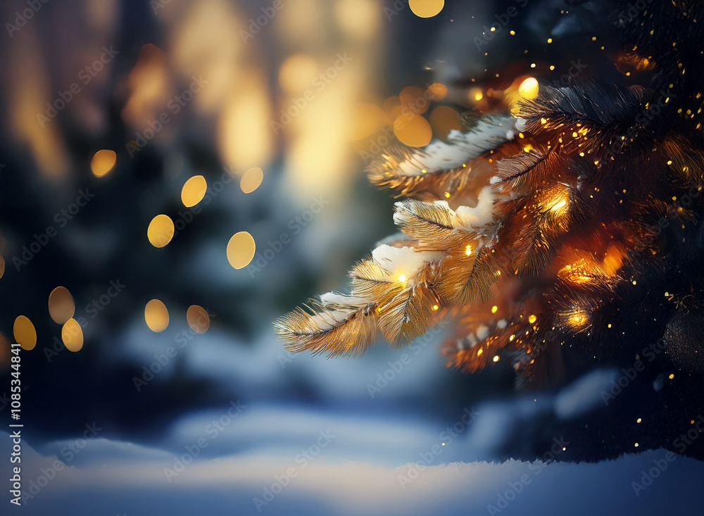 Poster a snow-dusted evergreen branch glows with warm lights against a bokeh backdrop of a winter wonderlan
