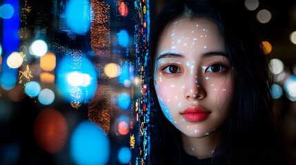 Neon Lights and Cyberpunk Aesthetics A Woman Embracing Urban Life Amidst City Glow Digital Art Nighttime Futuristic Concept