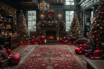 Large room with fireplace and Christmas trees. Cozy home is decorated with red and gold ornaments
