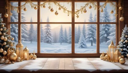 Fototapeta premium Christmas table mockup with festive decor, elegant ornaments
