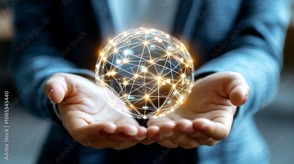Poster global network connection in hands business environment digital concept professional setting close-u