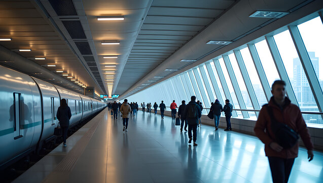 A bustling hyperloop station filled with futuristic passengers and cargo moving through a sleek, modern corridor with large windows letting in natural light