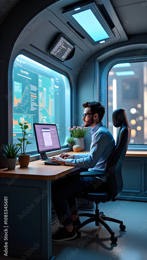Poster a digital nomad works at a futuristic ai-powered workstation, focused on managing data and analyzing