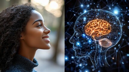 Naklejka premium Empowering Women Through AI Brain Technology A Glimpse into the Future of Innovation and Inspiration in Urban Settings