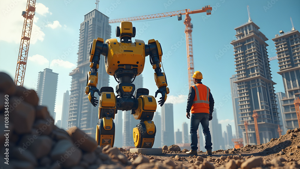 Poster a robot assists construction workers on a futuristic high-rise building site, showcasing advanced te