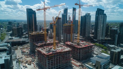 Aerial View of Construction Cranes and Skyscrapers in a City