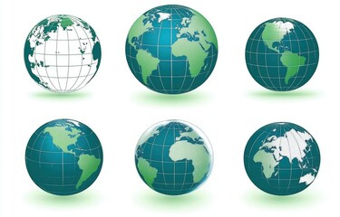 Six Distinct Illustrations of Earth Represented as Globes with Varying Views and Colors Showcasing Continents and Oceans in a Vibrant and Informative Manner