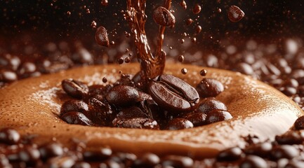 Fototapeta premium Coffee beans splashing in brewed coffee.
