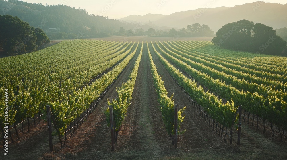 Poster Rows of grapevines in a vineyard with hills and trees in the background