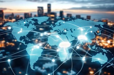 Global Network Connections Over a Cityscape at Dusk, Showcasing Digital Data Flow and Interconnectedness Between Continents and Regions