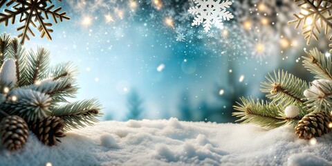 Abstract New Year background with fir branches, cones, snow with the sky