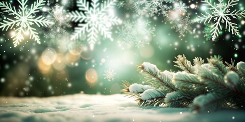 Abstract New Year background with fir branches, cones, snow in forest
