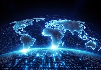 Futuristic Digital World Map with Glowing Connections and Data Points Over a Dark Background, Representing Global Technology and Connectivity Innovations