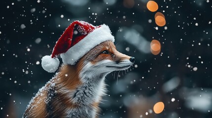 Christmas fox in a Santa hat, winter background