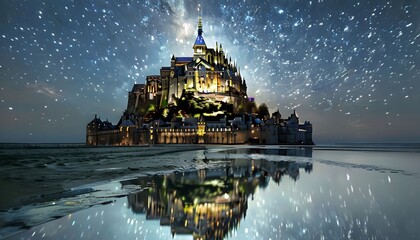 Mont Saint-Michel Illuminated Under a Starry Sky with Reflections in the Water