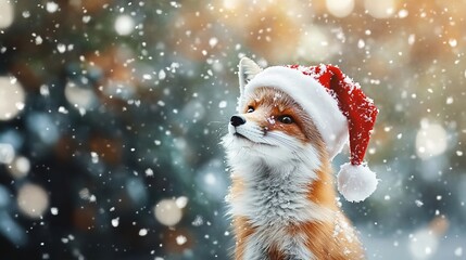 Christmas fox in a Santa hat, winter background