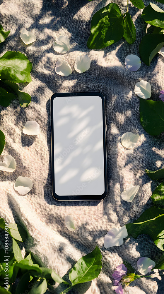 Poster a smartphone lies on a textured surface surrounded by leaves and petals, casting soft shadows that c