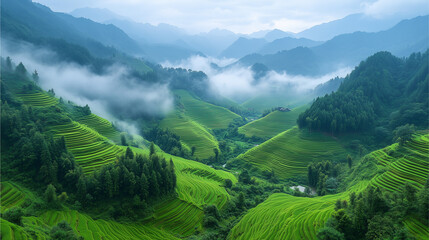 A panoramic view of rice fields in terraces, mist rising in the background 