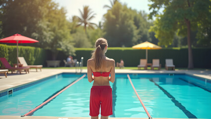 A girl in a red swimsuit stands by a sparkling pool, contemplating her next swim, with sunny umbrellas and lounge chairs inviting relaxation