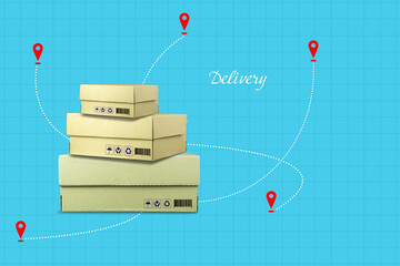 Delivery concept. Cardboard boxes and delivery points on a blue background. Background for companies transporting and delivering goods. Business