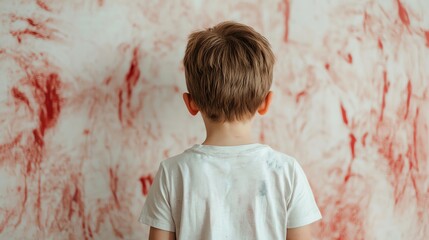 Family violence neglect and mental health concept. A child stands against a wall marked with red streaks, evoking curiosity and emotion in a contemplative scene.