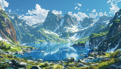 A serene mountain lake surrounded by snow-capped peaks and lush green vegetation