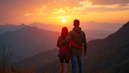 Fototapeta premium A couple stands together at sunset, embracing as they enjoy a scenic mountain view filled with vibrant oranges and pinks in the sky