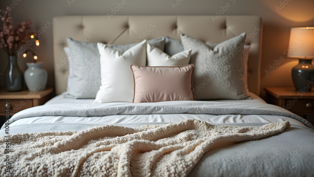 Poster a cozy bedroom scene featuring a neatly made bed adorned with various decorative pillows and a soft 