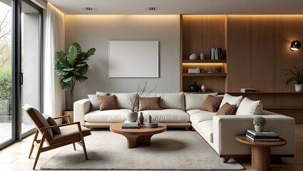 Fototapeta premium A modern living room featuring a cozy cream sofa adorned with brown pillows, a wooden coffee table, and lush greenery that enhances the inviting atmosphere