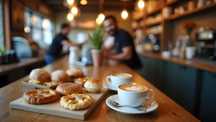 A cozy café scene featuring a variety of freshly baked pastries on a wooden table with coffee cups, creating a warm and inviting atmosphere