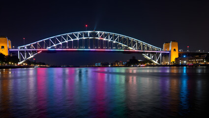 Fototapeta premium A vibrant night view of a illuminated bridge over a calm river, showcasing colorful lights reflecting on the water's surface