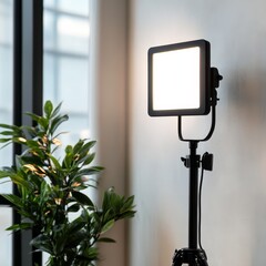 LED Panel Light on Tripod: A modern LED panel light illuminates a bright, even light, mounted on a sturdy tripod, perfect for photography or videography.
