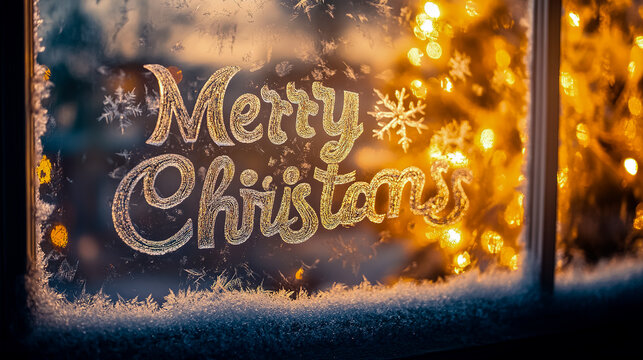 The words 'Merry Christmas' appear frosted on a frozen window, intricately written in a beautiful, icy script, as if etched by frost itself. - Powered by Adobe