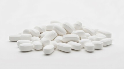 Close-up of white oblong pills on a white background, evoking themes of medicine, health, and wellness. Ideal for pharmaceutical, healthcare, and medical imagery.