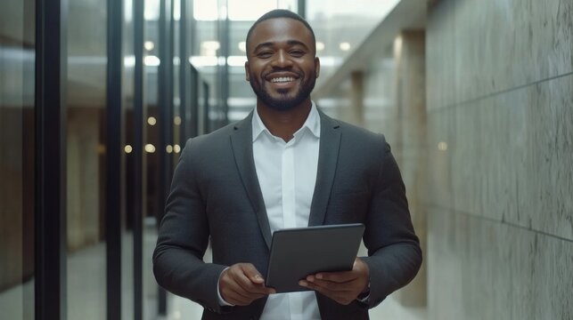 A man in a suit holding a tablet in a hallway