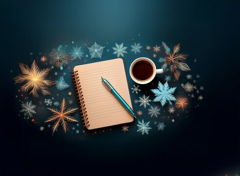 A cozy winter scene: a blank notebook and pen rest beside a warm cup of coffee, surrounded by sparkling snowflakes. Perfect for writing holiday wishes or journaling.