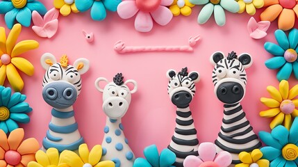 Fototapeta premium Playdoh zebras and flowers on a pink background.