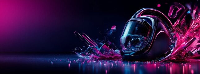 Fototapeta premium Cyberpunk Splash: Abstract digital art, vibrant pink and blue hues, dynamic shapes, futuristic design, dark background, glossy texture 
