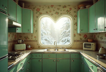 Vintage Retro Kitchen Window Heart Home Mint and Pink Counter Cabinet Lamp and Sink