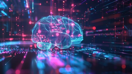 A digital rendering of a brain with glowing lines and dots.