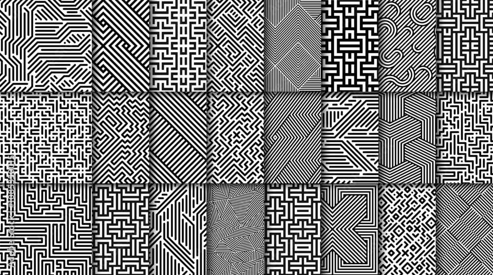 Poster collection of vector seamless geometric patterns. striped black and white abstract backgrounds. mono