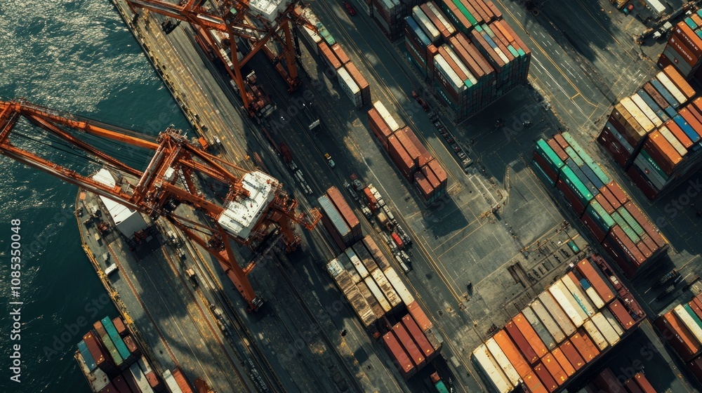 Poster aerial view of a busy shipping port with cargo containers and cranes