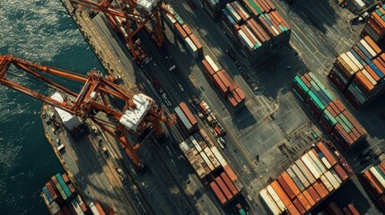 Aerial View of a Busy Shipping Port with Cargo Containers and Cranes