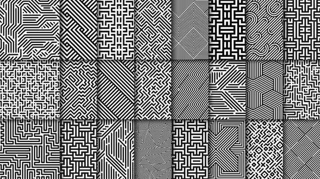 Collection of vector seamless geometric patterns. Striped black and white abstract backgrounds. Monochrome linear textures. Endless unusual prints