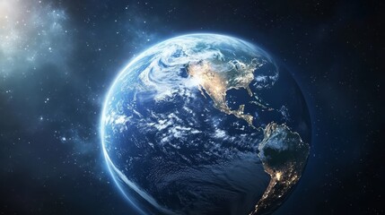 Earth in the Cosmos: A breathtaking view of Earth from space, showcasing its vibrant blue oceans, swirling clouds, and continents illuminated by sunlight.