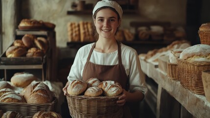 Baker's Delight: A young woman in a baker's uniform beams with pride, holding a basket of freshly baked bread in a rustic bakery.