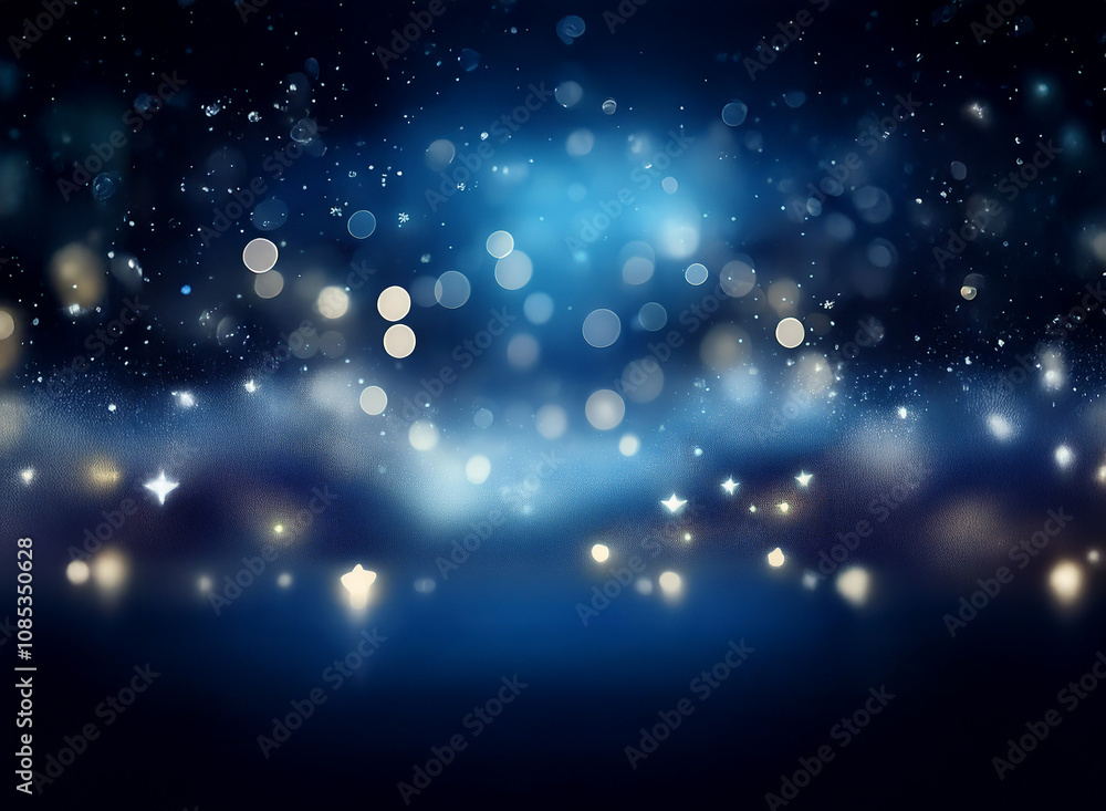 Poster a mesmerizing dark blue backdrop adorned with shimmering bokeh lights and sparkling dust, evoking a 