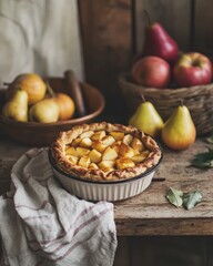 A golden, flaky pie brimming with sweet and tart apple and pear filling, nestled on a rustic wooden table alongside a basket of ripe fruit.  The warm.