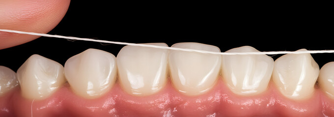 A close-up of dental floss being used between teeth, highlighting oral hygiene, proper dental care practices, and the importance of maintaining a healthy smile.
