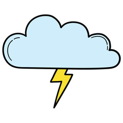 Hand drawn cartoon cloud and lightning on white background.